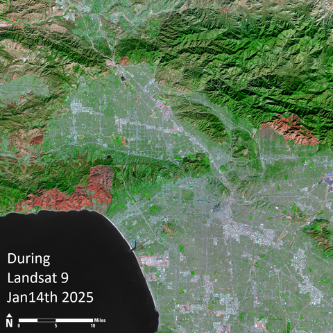 Landsat image - parts of Los Angeles and surrounds - 'during', Landsat 9, Jan. 14th 2025