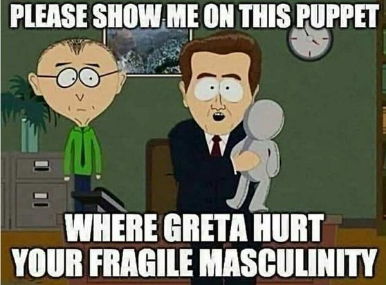 A South Park screenshot of a character holding a doll. The image is tagged "Please show me on this puppet where Greta hurt your fragile masculinity"