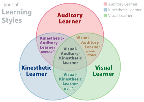 Image of a 3-category Venn diagram titled "Types of learning styles." 
1. Auditory learner
2. Visual learner
3. Kinesthetic learner

All overlaps are labeled with combinations of these words for a total of seven purported learning styles.

I mean, come on.