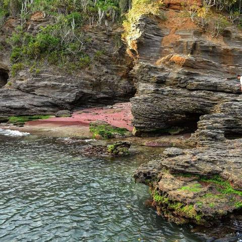 Foto colorida: vista de uma praia de água clara com muitas rochas cheias de entradas, cortes e buracos provocados pela ação do mar, com algas e cores difereciadas. A praia é pequena e está cercada por pedras e vegetação e a cor de sua areia é avermelhada.