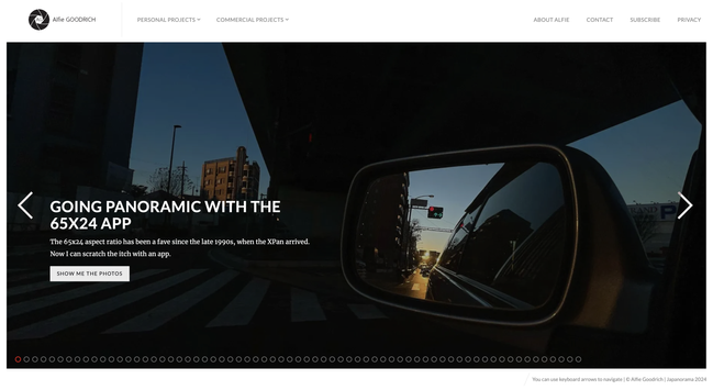 A screenshot of my blog with the headline photo of a new article about the 65x24 app by Heliographe. Photo was shot from the car window of my son's Subaru, on Route 318 heading out of Tokyo. There's a reflection in the mirror. We're under a freeway and the sun has just come up.