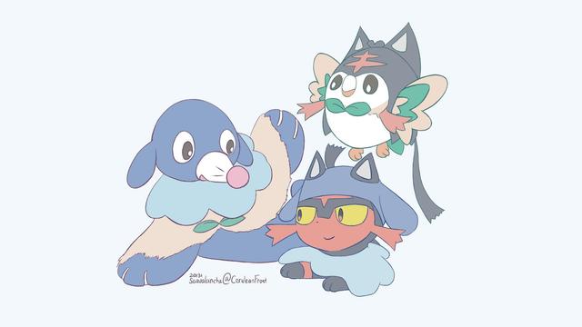A digital drawing of Pokemon Popplio, Litten, and Rowlet drawn by Seavalanche. They have their own poncho styled like their friends.