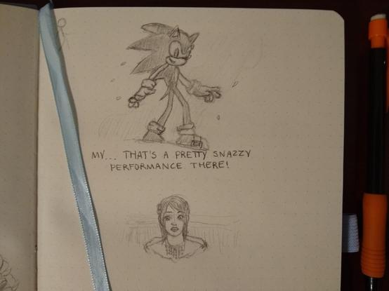 Semirealism mechanical pencil drawing of two screenshots from Sonic 06. The first image shows Sonic saying, "That's a pretty snazzy performance there!". The second image below it shows Princess Elise looking up at him with a surprised expression.