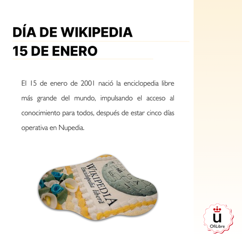 Diseño gráfico con fondo blanco y detalles en beige. En la parte superior, texto en letras negras que dice 'DÍA DE WIKIPEDIA 15 DE ENERO'. Debajo, un párrafo que explica que Wikipedia nació el 15 de enero de 2001 como la enciclopedia libre más grande del mundo, tras estar cinco días operativa en Nupedia. En la parte inferior, una imagen de un pastel decorado con el logotipo de Wikipedia y flores de azúcar. En la esquina inferior derecha, un logotipo circular con el texto 'OfiLibre'.