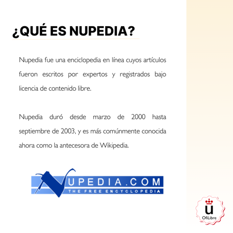 Imagen que ilustra el concepto de Nupedia, una enciclopedia en línea colaborativa y de acceso libre.

Representación visual de Nupedia, una plataforma de enciclopedia en línea que permite la colaboración de usuarios.
Gráfico que explica Nupedia, una enciclopedia digital colaborativa que promueve el conocimiento compartido.