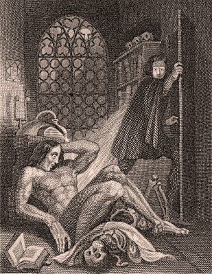 Victor Frankenstein looks on with disgust at his creation.