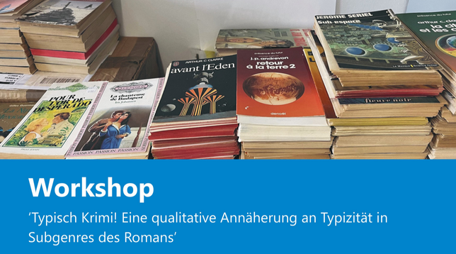 Stacks of old pocket books with their spines cut off for mass scanning. And the title of the workshop:  „Typisch Krimi! Eine qualitative Annäherung an Typizität in Subgenres des Romans”.