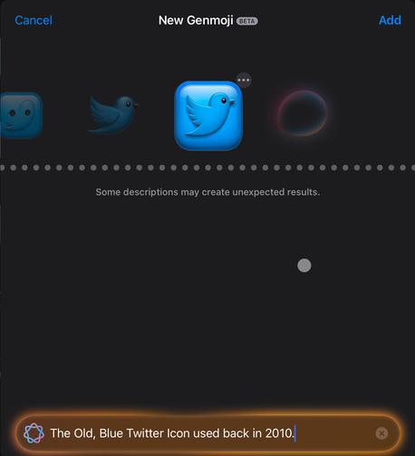 Me prompting Genmoji with “The Old, Blue Twitter Icon used back in 2010.” to see when and if the AI would stop generating emojis.