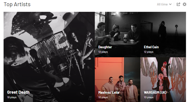 My top artists for 2024: Greet Death, Daughter, Ethel Cain, Mashrou' Leila and WARGASM (UK). This list is based on my December 2024 streaming only as I had not been using last.fm before.
