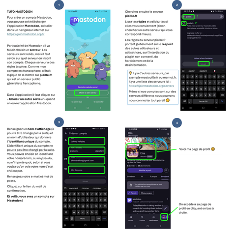 Captures d'écran afin d'expliquer comment créer un compte mastodon, et d'expliquer qu'il faut choisir un serveur, mais que tous les serveurs communiquent ensemble