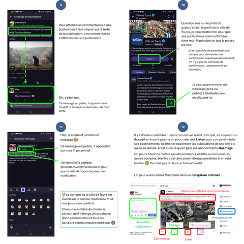 Captures d'écran pour montrer comment on affiche les commentaires dans Mastodon, et comment on envoie un message privé