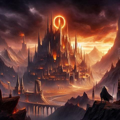 Herr der Ringe - Barad-dûr - die Festung Saurons in Mordor und auf einem südlichen Vorsprung des Ered Lithui in der Ebene von Gorgoroth.
Grafik: Thomas Trueten