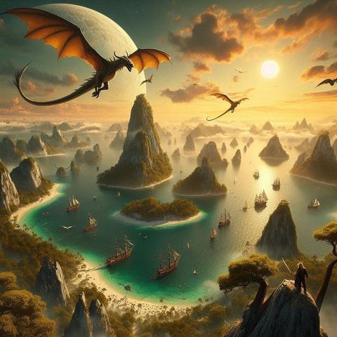 Die Welt von Erdsee aus dem Romanzyklus von Ursula Le Guin besteht aus einem riesigen Archipel hunderter kleiner Inseln, die in einem großen Ozean liegen. Im Hintergrund fliegen Drachen.
Grafik: Thomas Trueten