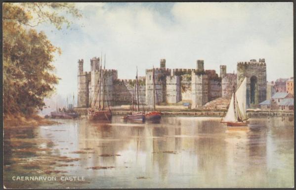 Printed colour postcard showing an illustration of Caernarvon Castle in Caernarvonshire.
Published by Valentine & Sons Ltd, Dundee & London, Art Colour Series, No A 156, stamp box dated 1934.
Postally unused.
Very good condition, with very slight corner bumps.