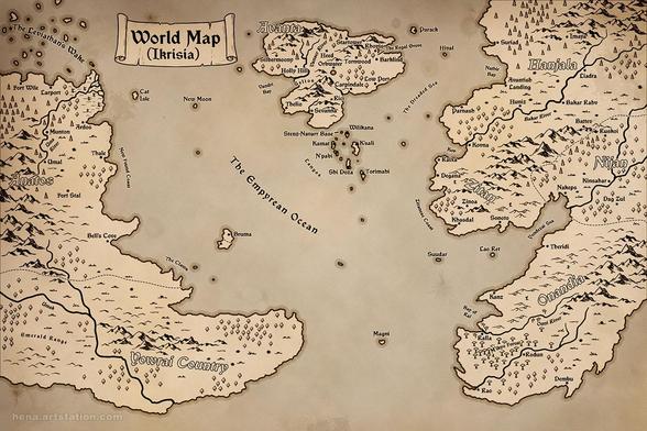 Old-style fantasy map illustration of a fictional world in black and white line art with a parchment-like background. The water areas are in a darker shade than the landmass. There are some stains and discoloration on the map surface.