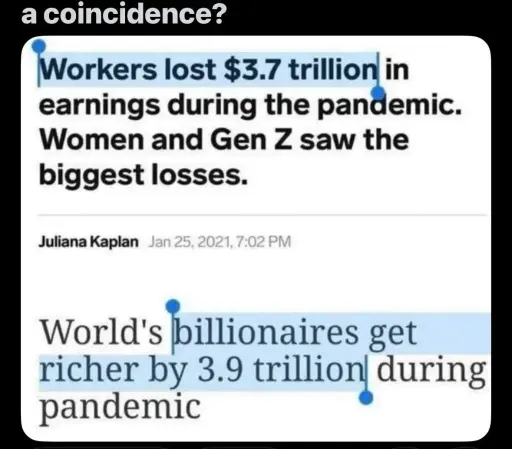 a coincidence?

Workers lost $3.7 trillion earnings during the pandemic. Women and Gen Z saw the biggest losses.

World's billionaires get richer by 3.9 trillion during pandemic