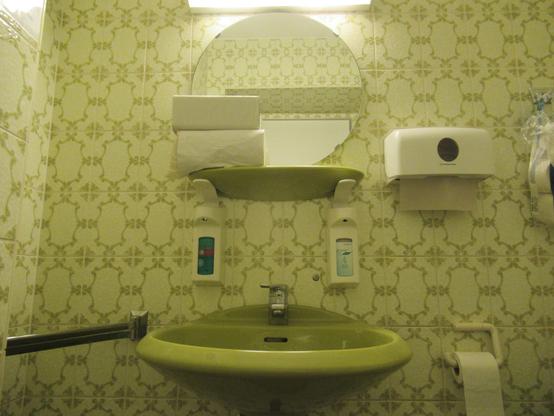 Eine Toilette mit grünem Waschbecken und grün gemusterten Fliesen. Über dem Waschbecken eine grüne Ablage mit Papierhandtüchern. Seifenspender, Desinfektionsmittel und ein Papierhandtuchspender an der Wand.
Außerdem ein runder Spiegel, in dem sich die Fliesen der gegenüberliegenden Wand spiegeln.