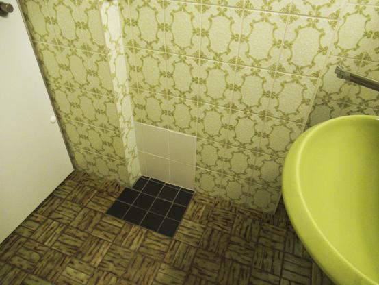 Blick in die Ecke einer Toilette. Grün gemusterte Fliesen an der Wand. Auf dem Fußboden dunklere, vom Stil her ganz andere Fliesen, aber auch in Grüntönen. Kleine Flächen mit einmal mit schwarzen und einmal mit weißen Fliesen, wo wahrscheinlich mal Anschlüsse waren.
Rechts ein Stück von einem grünen Waschbecken.