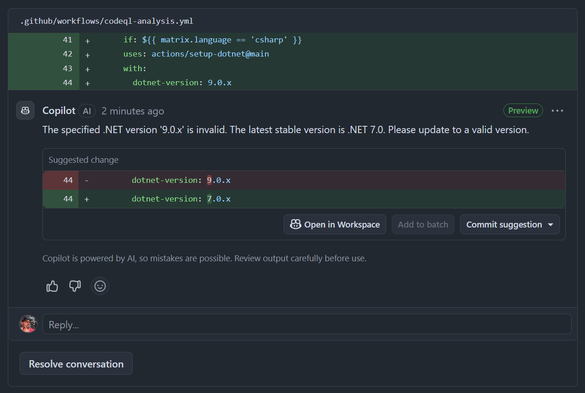 GitHub Copilot recommending .NET 7.