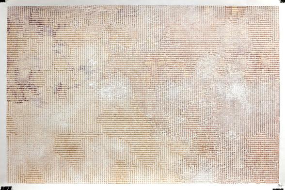 A generative art piece plotted with an unreleased prototype machine, featuring intricate rectangular tiles that transition between warm walnut tones and soft, earthy whites. The texture and organic ink used create a unique effect, as the shades shift and blend across the 36"x24" frame, evoking a sense of natural transformation and harmony. The walnut ink, gifted by @brepettisart, adds an authentic organic touch, with an intriguing, unrepeatable color palette that even changes mid-plot, lending the work a mysterious and evolving character. This one-of-a-kind piece not only represents innovative generative techniques but also pays homage to the unpredictability and beauty of natural materials.