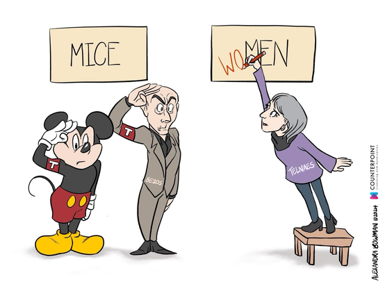 Color editorial cartoon Alexandra Bowman.  “ Mickey Mouse and Jeff Bezos. Mickey in black shirt, red shorts with two large black horizontal buttons, big yellow cartoon shoes. Bezos. Light brown suit black shirt. Both have arm band with a red T, they are saluting.  Box  above “Mice” next to Micky and Bezos , Anne  Talnaes, editorial cartoonist , on a low bench lavender pullover,  grayish pants, dark grey scarf or turtleneck, grey hair, reaching up with a pencil writing in red in the box above  “Wo” in front of “men”