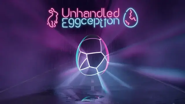 Plakatdesign des Easterhegg 2025:
Umriss eines Hasen und gebrochenem Ei, dazwischen der Schriftzug "Unhandled Eggception", im Stil gebogener Neonröhren in Lila und Blau.
Im Hintergrund ein 3D-Rendering eines gebrochenen Eis, aus den Bruchstellen kommen lila und blaue Lichtstrahlen. Das Ei schwebt über einer Straße mit Pfützen, in denen sich das Ei spiegelt.
Im Bruchmuster des Eis ist ein weiterer Hase versteckt.