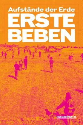 Buchcover mit einem orangen Foto, auf dem Menschen über ein leeres Feld gehen