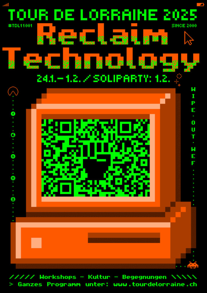 Plakat der Tour de Lorraine - ein 1990er Jahre Computer mit einer Faust auf dem Bildschirm