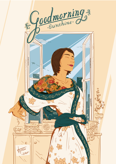 illustration of woman standing in the kithen in the morning with the window open and sunny weather outside, stretching her arms to the back while showing tattoos on shoulder. Text says 'goodmorning, sunshine' and she's pretty much smiling about it all.
