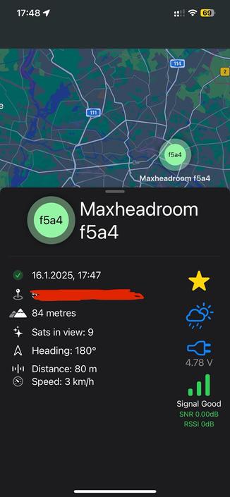 The image displays a digital map interface showing the location "Maxheadroom f5a4." It includes details such as date and time (16.1.2025, 17:47), elevation (84 metres), visible satellites (9), in the Meshtastic iOS App
