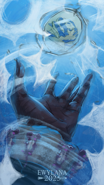 A digital painting of a brown hand rushing to catch a necklace, in a blue environment. The necklace show a rose pattern. There is strange white patterns on top of everything