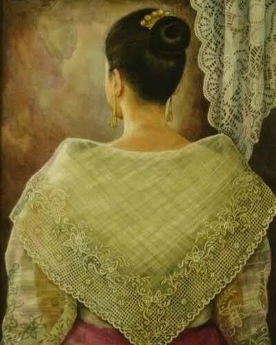 The pañuelo or alampay is a Filipino lace-like embroidered neck scarf or shawl worn around the shoulders over the camisa (blouse). They were square-shaped and were folded in half into a triangle when worn. Pañuelos are the direct predecessors of the Manila shawl. The Spanish word pañuelo (from paño + -uelo) means kerchief, scarf, and handkerchief.