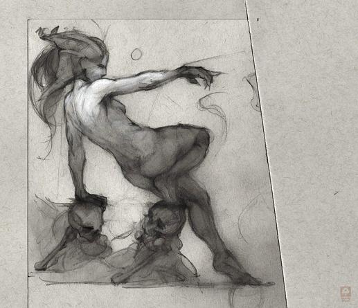 The drawing depicts a fantasy woman with raised arm pointing to the right, leaning on skulls.