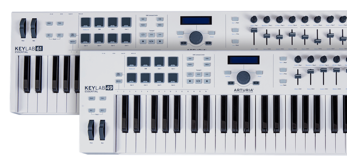 Arturia KeyLab Essential 49 and Arturia KeyLab Essential 61 Midi controllers on a transparent background.
