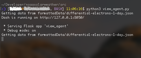 A screenshot of the terminal printout when a Dash application is run. It prints the localhost port that the web server is listening to requests on as well as any other python debug printouts from the custom code.