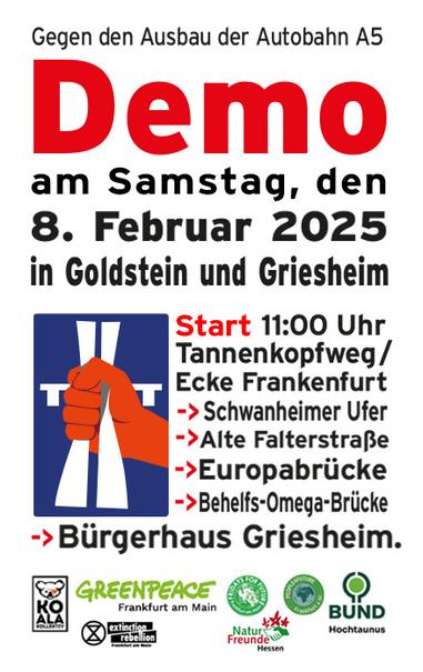 Flyer zu einer Demo mit den entsprechenden Daten und dem Logo der BI esistzulaut. Eine Hand, die eine Autobahn zusammendrückt.