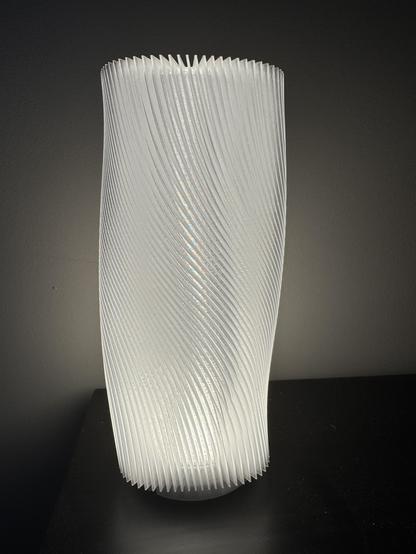 3D printed lamp shade with a curvy design.