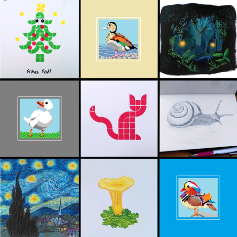 9 different art pieces from me
- Christmas tree printed with Lego
- Pixel Art of a ringed teal (duck)
- gouache painting of a gloomy forest
- pixel art of a Peking duck
- red cat silhouette printed with Lego
- drawing of a snail
- study of van Gogh‘s „starry night“ painted with oil pastels
- water color of a yellow mushroom
- pixel Art of a mandarin duck.