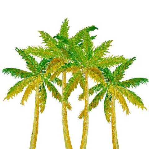 A square Oil painting of four lime green and gold coconut palm trees on a white background.