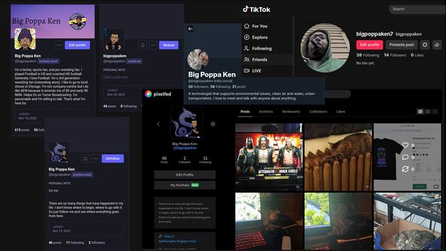 a collage of my profile pictures from 2 Mastodon accounts a pixelfed, bluesky, and tiktok.