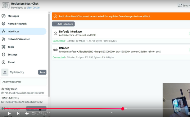 screenshot from video showing the GUI of the program "reticulum meshChat"  and an Rnode lora radio in the inset video