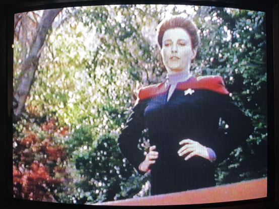 A photo of a CRT TV showing the first episode of Star Trek: Voyager, ‘Caretaker’, playing from a VHS cassette of the episode. Here, Capt. Janeway is standing on a platform in front of some woodland looking down at out-of-shot Tom Paris.