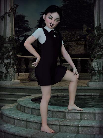 3D fan-art of goth schoolgirl Wednesday Addams showing her cute bare feet.