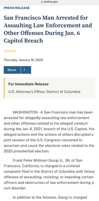 Screenshot from U.S. Department of Justice press release about January 6th riot suspect Frank Peter Molinari Giorgi Jr. (San Francisco, California).
