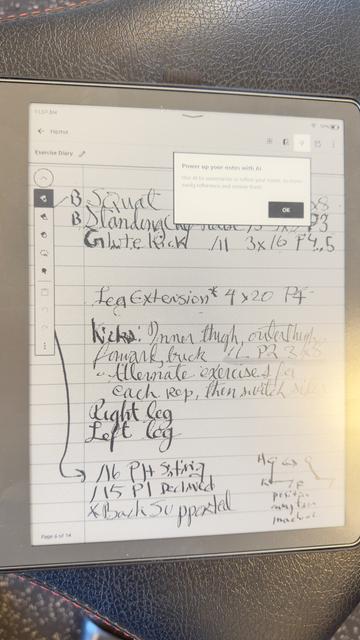 Kindle scribe with hand written notes. A pop-up requiring an OK is displayed that requires user to walk over and click it. It says, "Power up your Notes with AI"