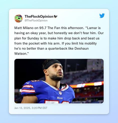 Matt Milano on 95.7 The Fan this afternoon. “Lamar is having an okay year, but honestly we don’t fear him. Our plan for Sunday is to make him drop back and beat us from the pocket with his arm. If you limit his mobility he’s no better than a quarterback like Deshaun Watson.” https://t.co/Eq8w0hdnHB