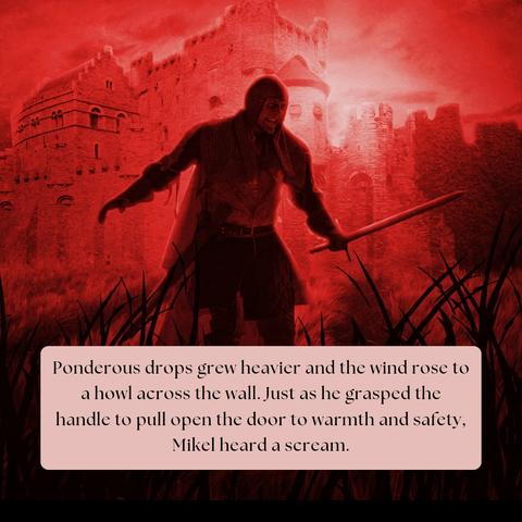 An extract from "There Is A Stranger Here":
Ponderous drops grew heavier and the wind rose to a howl across the wall. Just as he grasped the handle to pull open the door to warmth and safety, Mikel heard a scream.