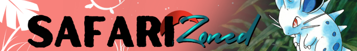 Banner for a web blog with the title: SAFARI ZONED. Features a jungle theme with the pokemon Nidoran female.