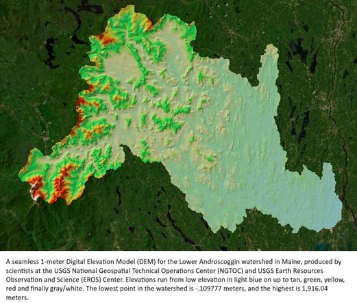 map - the seamless 1-meter Digital Elevation Model (DEM) for the Lower Androscoggin watershed in Maine, produced by scientists at NGTOC and EROS. Elevations run from low elevation in light blue on up to tan, green, yellow, red and finally gray/white. The lowest point in the watershed is -.109777 meters, and the highest is 1,916.04 meters.