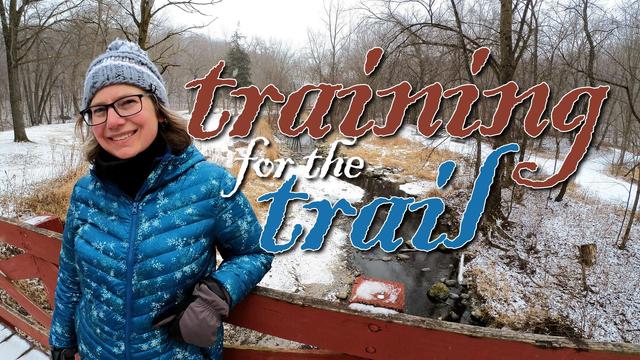 A YouTube thumbnail of a person standing outside, accompanied by the text "training for the trail".